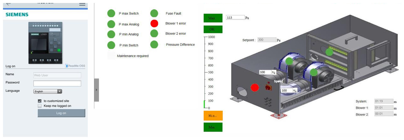 Control panel screens showing pressure reading, operating hours and an alarm state passed to the building management system