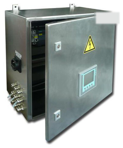 Master control unit: a stainless steel switchboard cabinet with its door open, showing the touch-screen controller inside