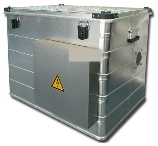 Compact supporting blower unit in an aluminium case with side ventilation grilles
