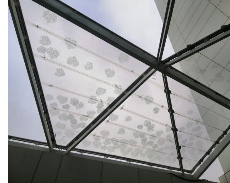 Printed single-layer ETFE canopy at Al Jubail, the printed pattern visible against the sky