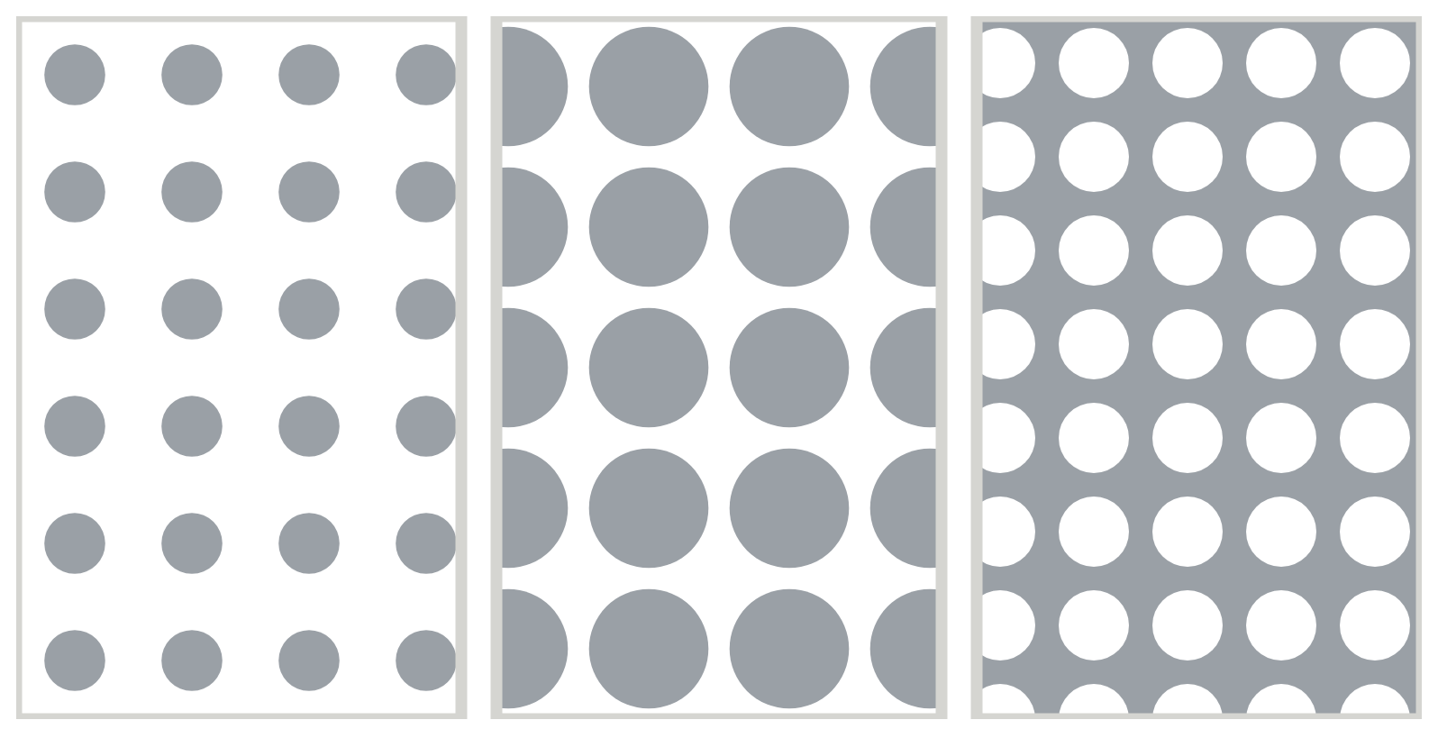 Three standard frit patterns side by side — a sparse dot grid, a high-coverage dot grid, and a reverse dot pattern